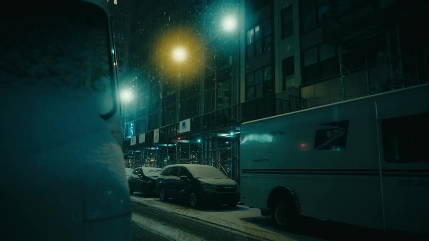 Cars parked on the street behind a mail truck in front of buildings as snow falls