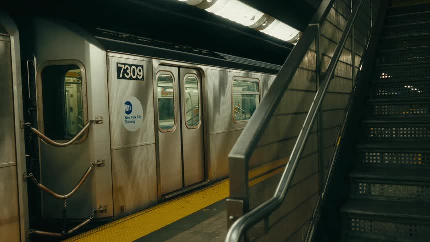 Train stopped in the subway as a passenger walks inside and it leaves