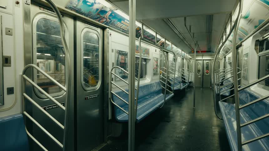Empty subway car interior with side seats and metal handrails under artificial lighting