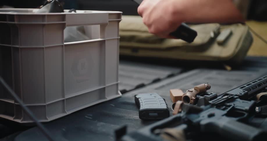 A hand organizes rifle magazines laid out on a vehicle surface beside a firearm