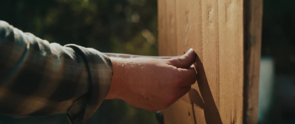 Hand removes a lodged projectile from a perforated cardboard target outdoors