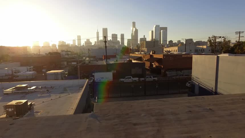 Moving over rooftops towards downtown Los Angeles