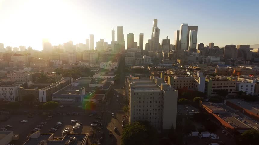 Downtown Los Angeles skyline during sunset