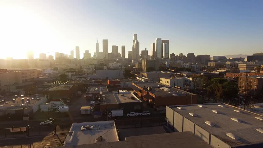Aerial view of downtown Los Angeles sunset