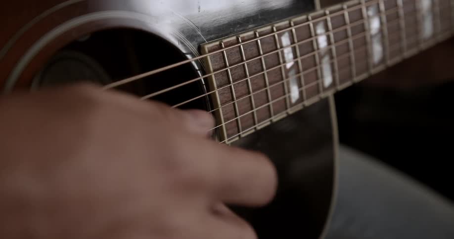 The guitar strings move as they are played