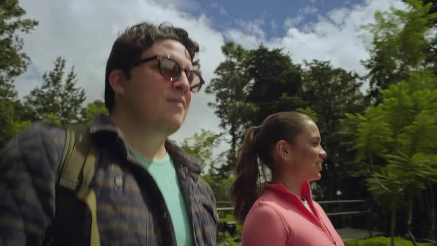 A man and woman walk together through a park filled with trees