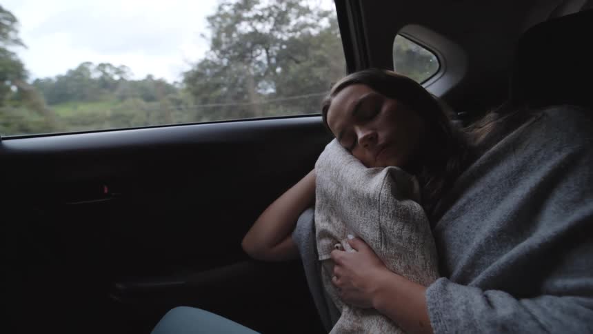 A young woman sleeps peacefully in the back seat of a car resting her head against a soft pillow she hugs to her chest while blurred greenery and yellow flowers pass by outside the window