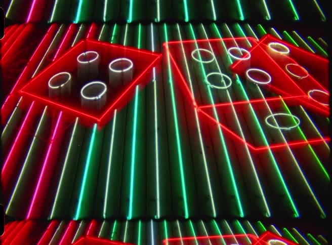 A view of neon lights on a building
