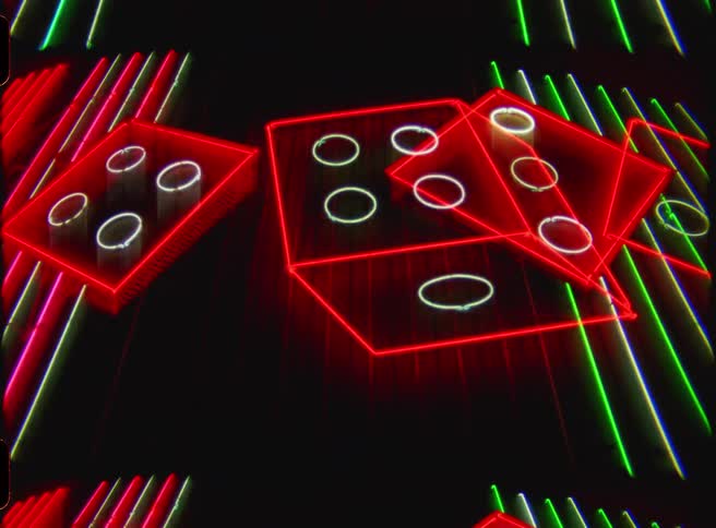 A vibrant neon sign of red dice flashes and sequences against a background of vertical green and white lights
