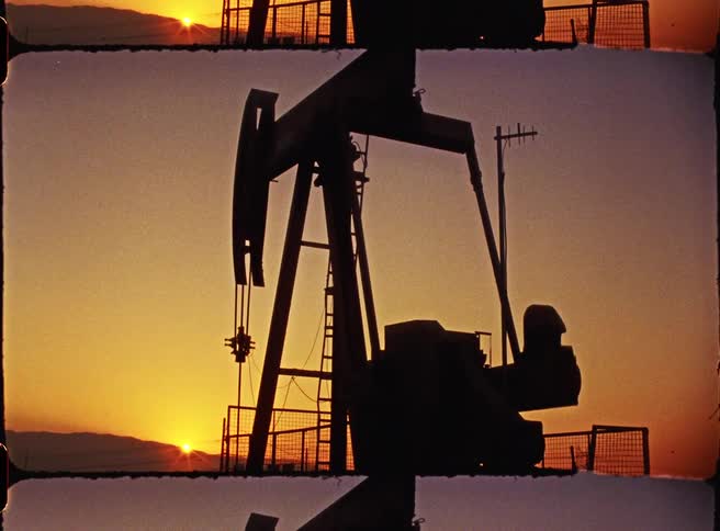 Pumpjack works while the sun shines from just over a hill