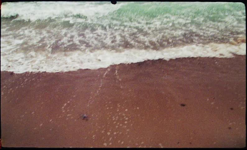 A small ocean wave washes upon a sandy beach on a sunny day