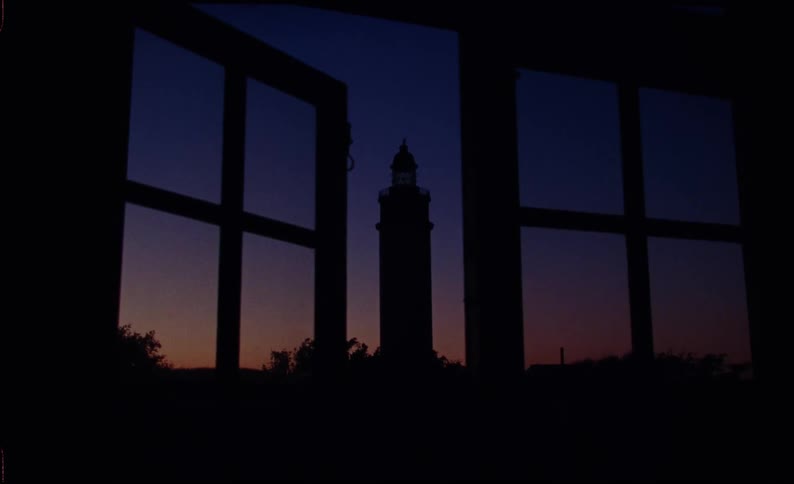 Silhouette of trees and a tower seen through a window