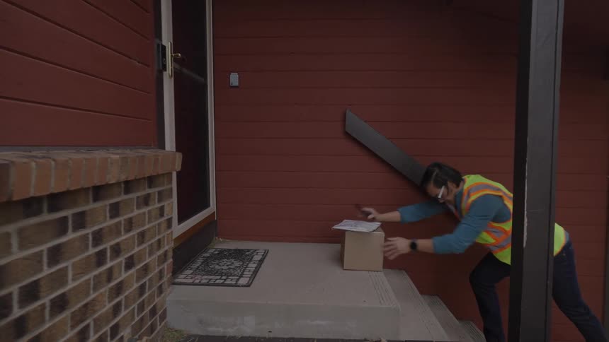 Man delivering a small box to a house door