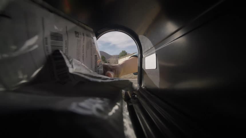 View from inside the mailbox as the letter carrier delivers mail