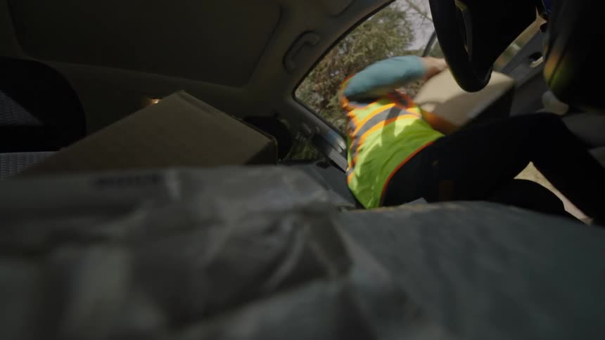 A delivery worker handles a package from a car during delivery