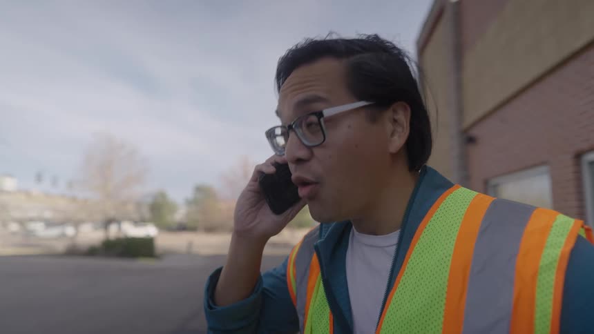 Man in vest arguing on the phone