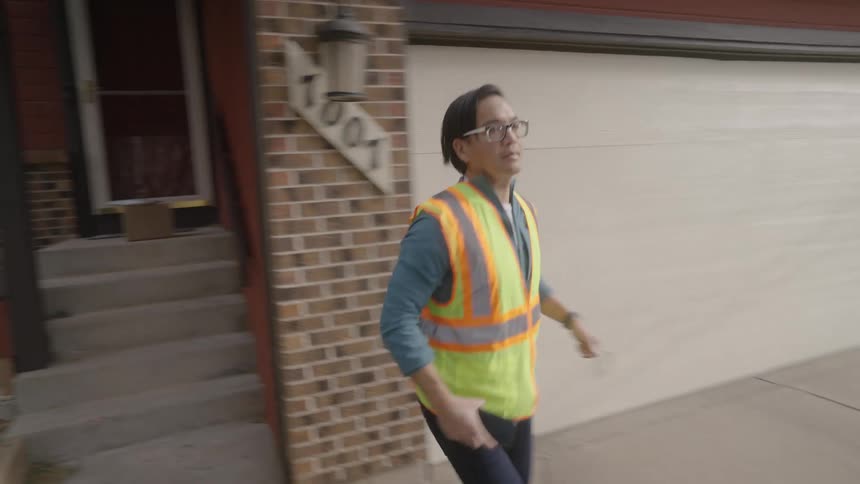 Delivery man leaves a package on the porch and takes a picture with his phone as he goes back to his car