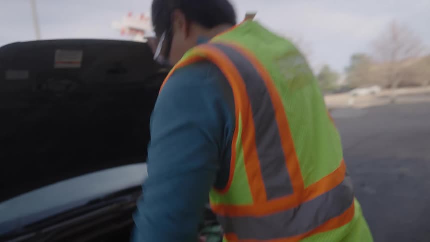 Man in a vest is opening the hood of a vehicle