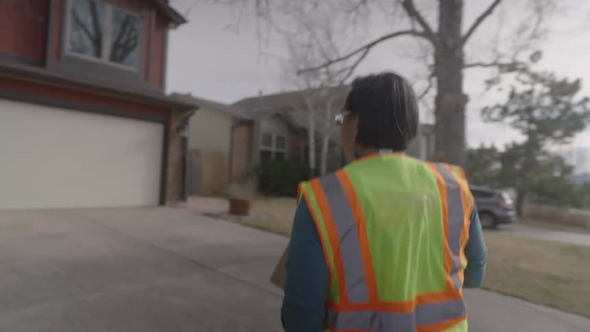 A delivery worker wearing a highvisibility safety vest steps out of a vehicle while holding a cardboard package they walk toward the front entrance of a suburban house to complete the delivery