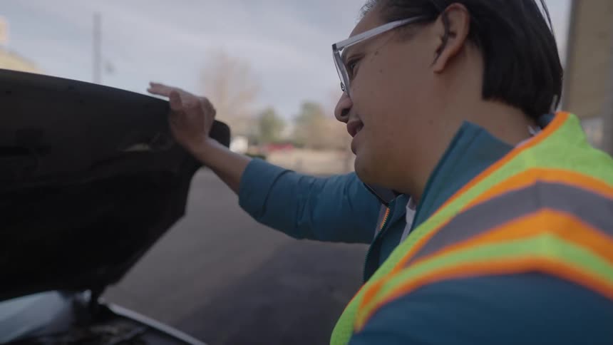 The man opens the hood of his car