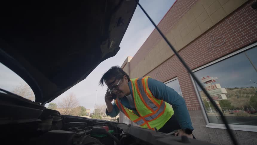 Young man stands in front of his car lifting the hood as he talks on the phone