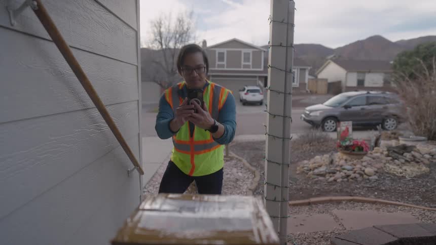 Delivery person leaving a box in the outdoor area of a residence