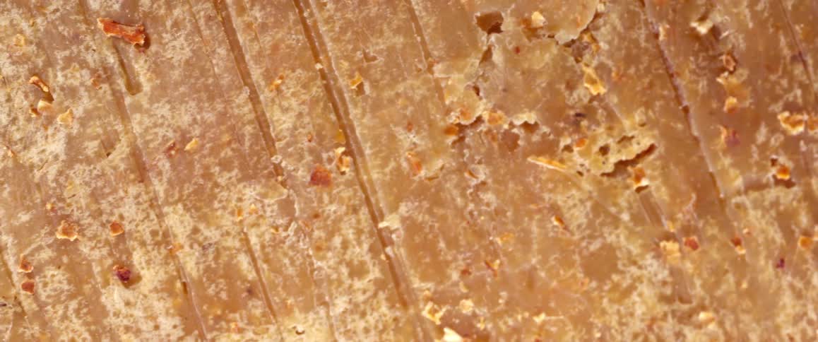 Solid food surface with a granular texture linear grooves and irregular scattered residues
