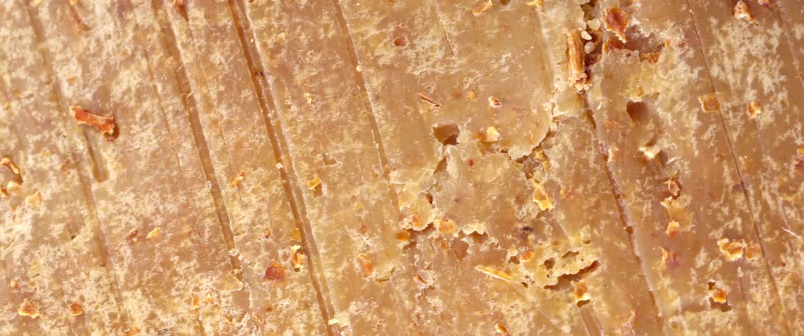 This closeup video shows the textured grainy surface of a block of aged cheese or palm sugar featuring deep ridges and small fragments the camera slowly pans across the material highlighting its crumbly consistency and ambercolored crystalline struct