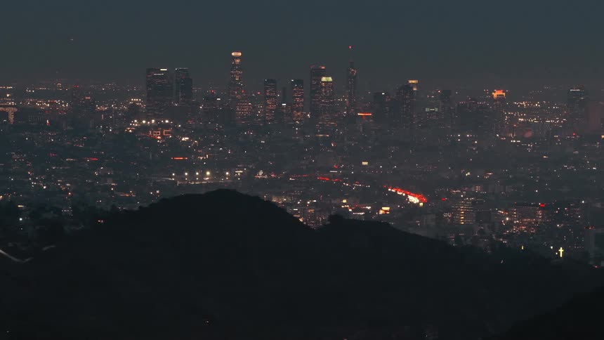 Aerial of a metropolis skyline at night
