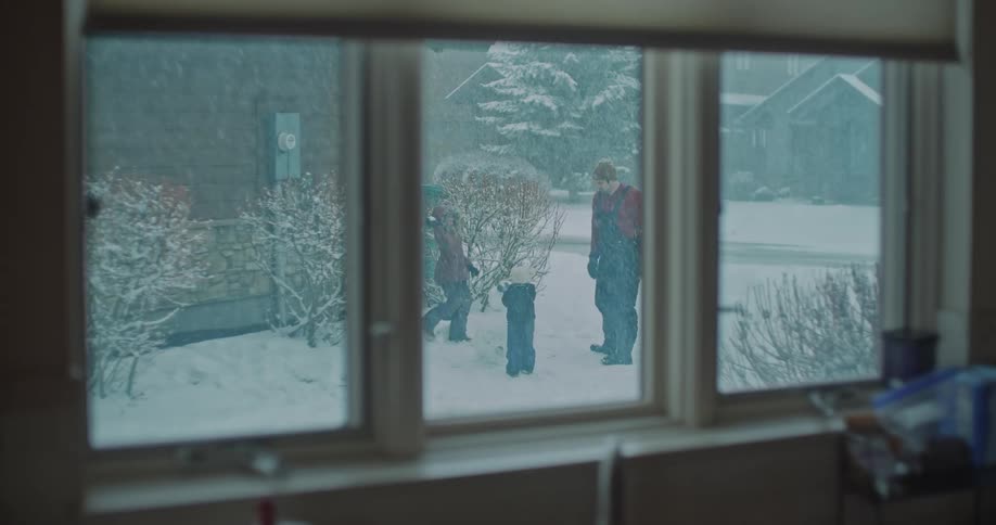 Children and an adult playing in the snow in a yard during snowfall seen through a window