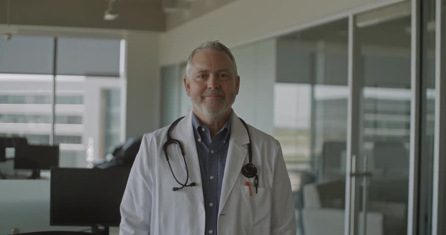 Video Portrait of Dr. in office looking at camera with a happy smirk