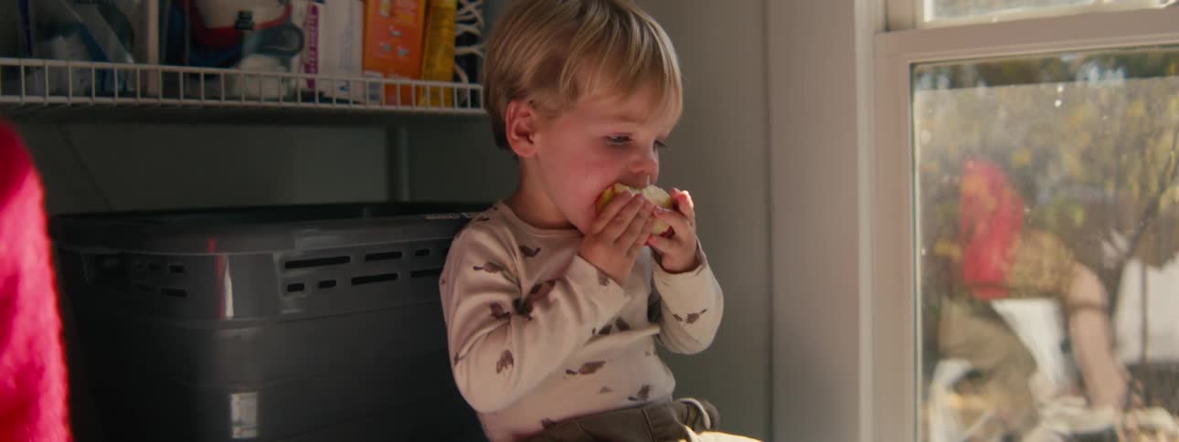 Child eats an apple while sitting near a window with natural light entering the indoor space