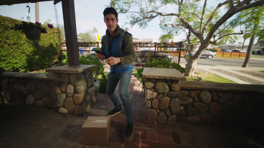 Deliveryman puts a box on the porch and takes a picture before ringing the bell and rushing away during the daytime