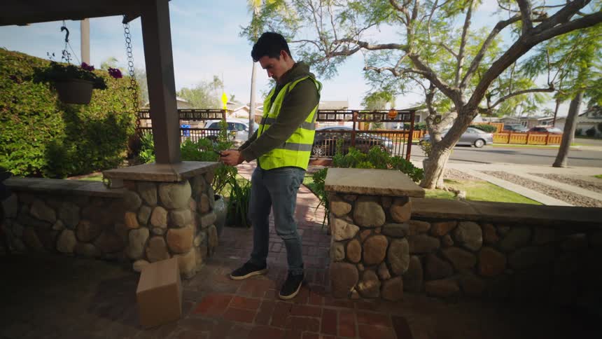 Delivery man leaves a box on the porch and takes a picture with his phone then rings the doorbell and waves as he leaves