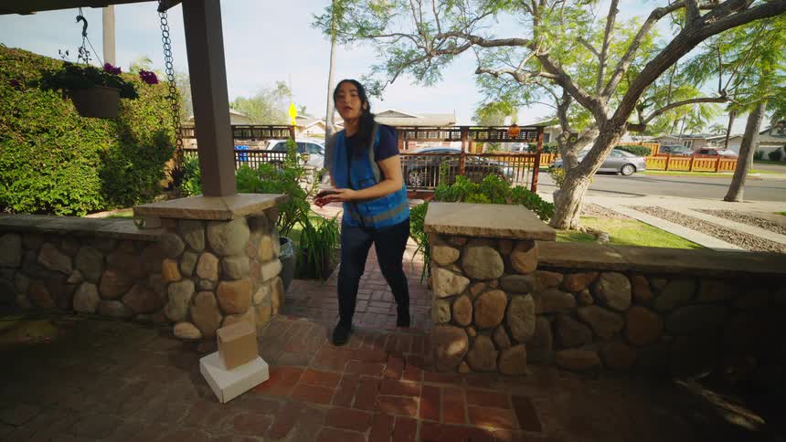 A delivery driver wearing a blue vest walks up a brick path to a house porch places two packages on the ground takes a photo of them with her phone and then looks directly into a doorbell camera before walking away