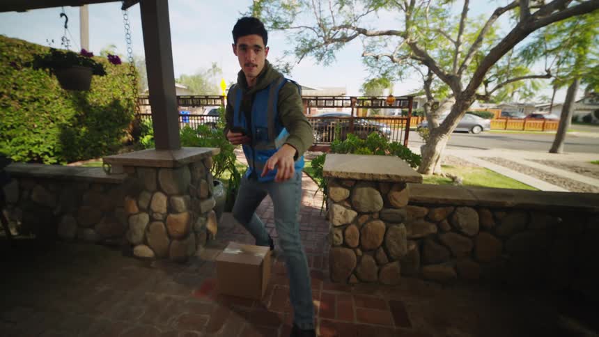 Man delivering a package places it on the porch and takes a picture then rushes off