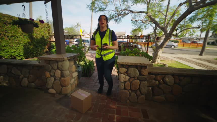 A delivery woman in a highvisibility green vest places a package on a stone porch captures a photo of the delivery with her smartphone and smiles warmly into the doorbell camera before ringing the bell and walking back toward the street