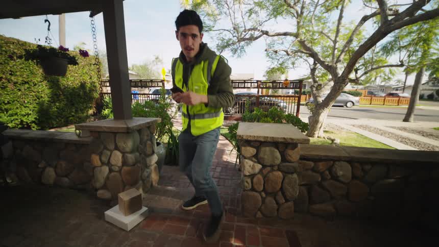A delivery driver wearing a yellow safety vest walks up a brick path to a house porch places two packages on the ground takes a photo of them with his phone and then looks directly into a doorbell camera to wave before walking away
