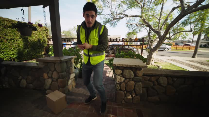 A delivery driver in a yellow safety vest places a package on a porch and takes a confirmation photo with his phonebefore leaving he notices a doorbell camera leans in to wave or gesture toward it and then walks back down the driveway