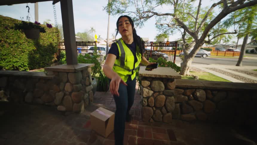 Woman placing a box on a porch during a residential delivery wearing a reflective vest
