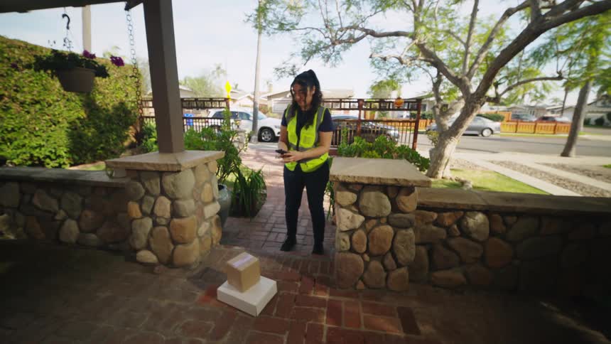 A delivery worker places packages on a front porch outside a suburban home