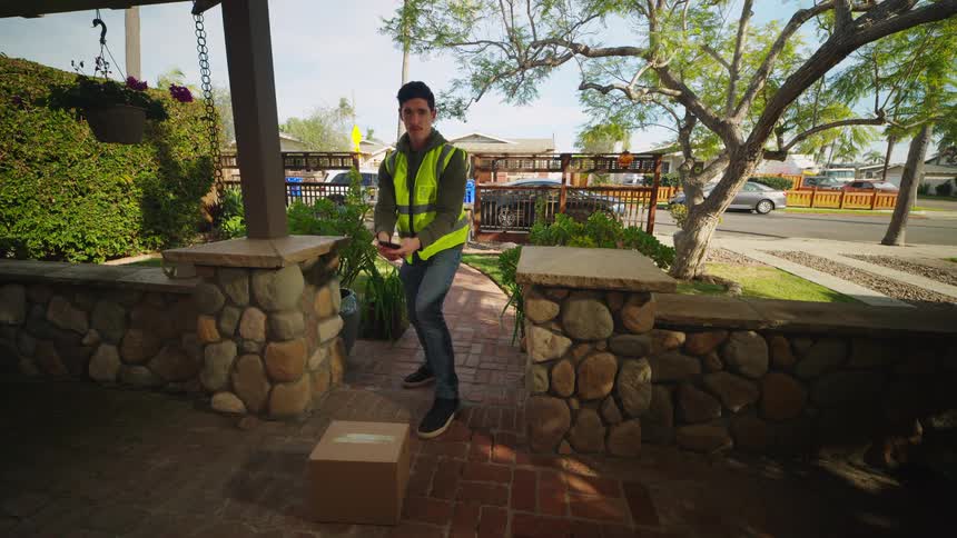 Delivery man leaves a box on the porch and takes a picture with his phone and waves as he leaves