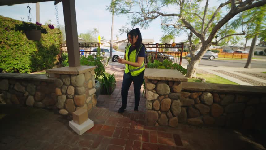 A delivery driver in a safety vest walks up a brick path places two packages on a stone porch and takes a confirmation photo with her phone then smiles at the doorbell camera and walks back toward the street where cars are parked