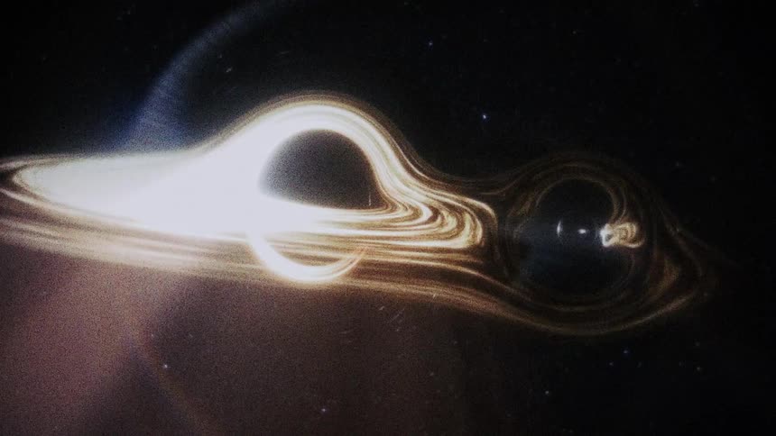 A computergenerated animation shows two black holes with bright swirling accretion disks of light and matter orbiting closely around each other in the darkness of space