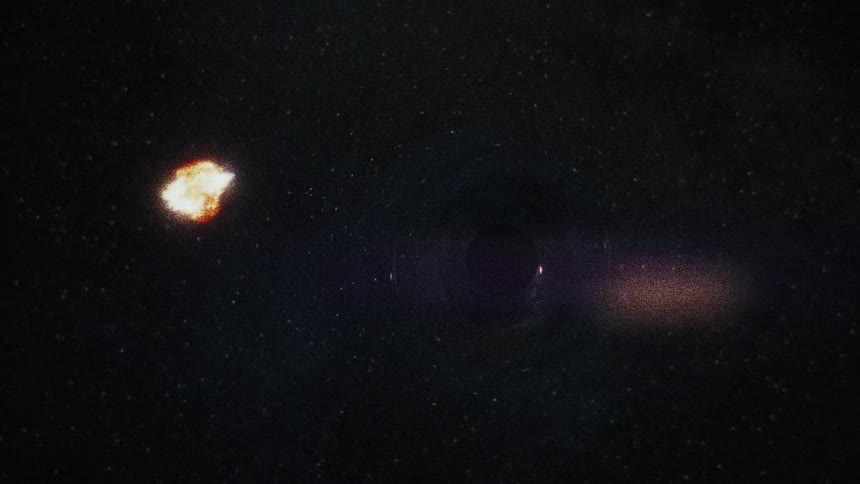 Outer space field with a black hole causing gravitational distortion and a glowing object moving nearby