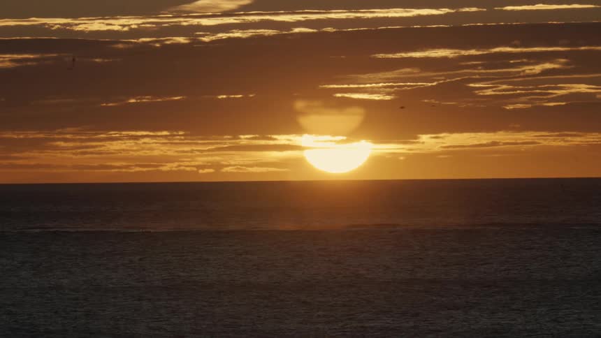 The sun sets over a calm ocean casting a vibrant golden glow across the water and the streaked clouds above several birds fly across the horizon as the light reflects a shimmering path on the surface of the sea