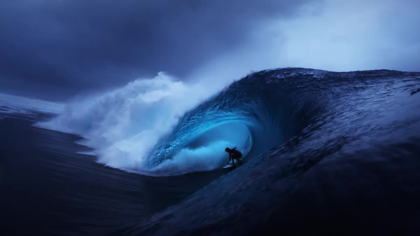 A surfer in a black wetsuit rides through the barrel of a massive breaking wave under a dark cloudy sky at dusk as the water crashes behind them