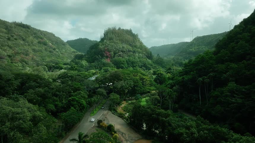 Winding road crossing a valley covered by dense vegetation between hills under a cloudy sky