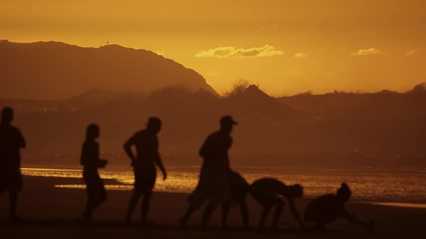 Silhouettes of people standing and running on the beach as waves roll in to shore