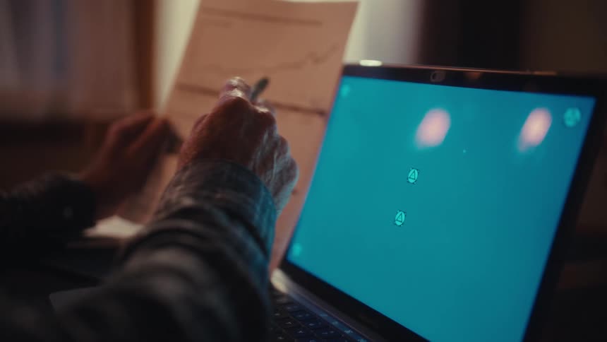 Female hands in front of a laptop computer pointing to a piece of paper and to the screen indoors during day time